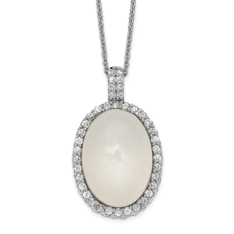 Chic Crystal Necklace for Casual Wear-Sterling Silver CZ Framed Oval White Moonstone 18" Necklace