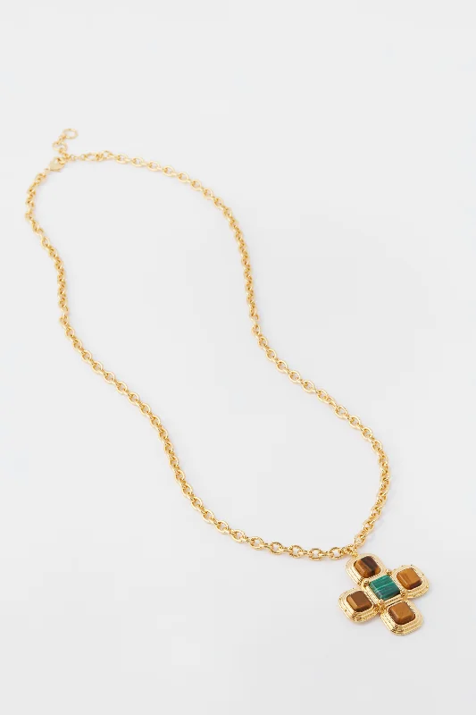 Luxury Gold Necklace with Diamonds-Tiger's Eye and Malachite Clea Necklace