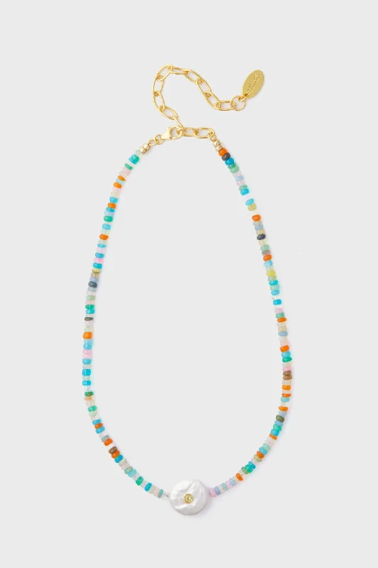 Long Chain Necklace with Large Pendant-Multi Destination Necklace in Rainbow Opal