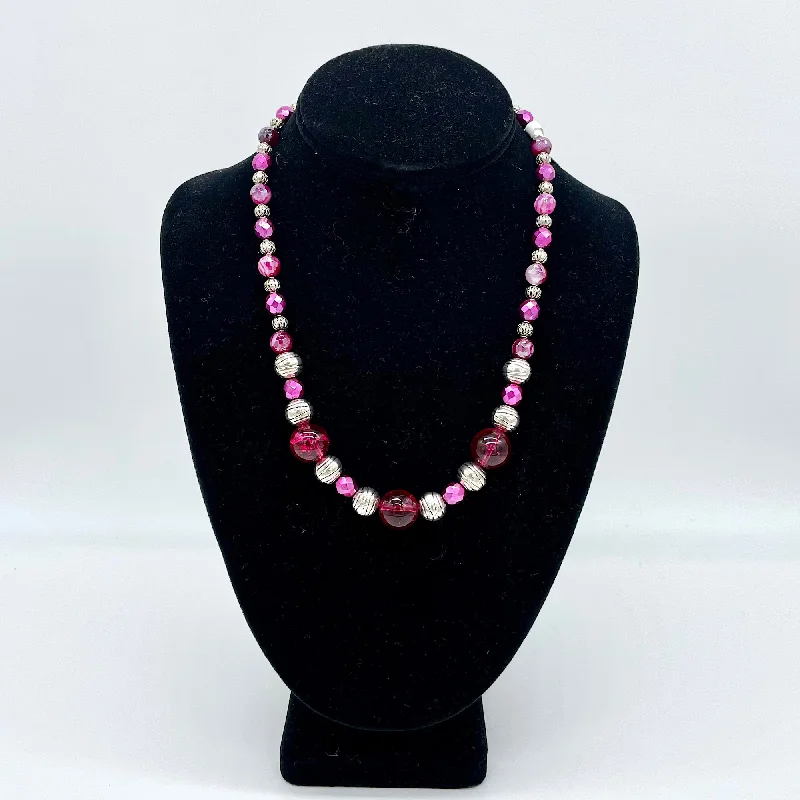 Classic Teardrop Crystal Necklace-Handcrafted Pink and Silver Bead Neckalce