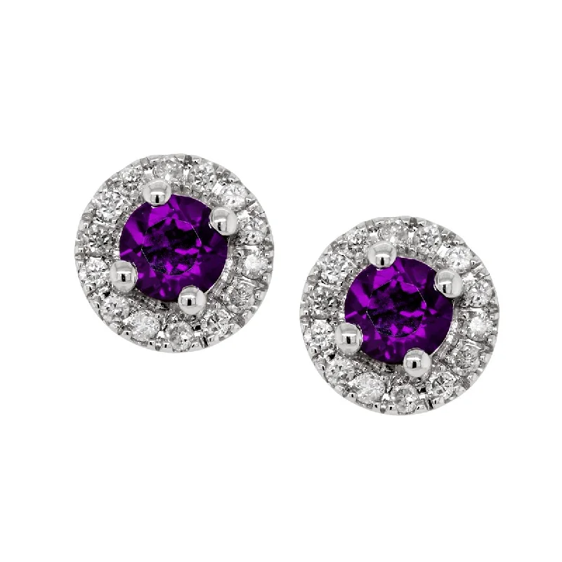 Unique Earrings for Brides-WHITE GOLD AMETHYST STUD EARRINGS WITH DIAMOND HALOS, .10 CT TW