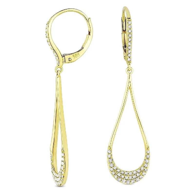 Black Diamond Earrings-YELLOW GOLD PEAR SHAPED DANGLE HOOP EARRINGS, .32 CT TW