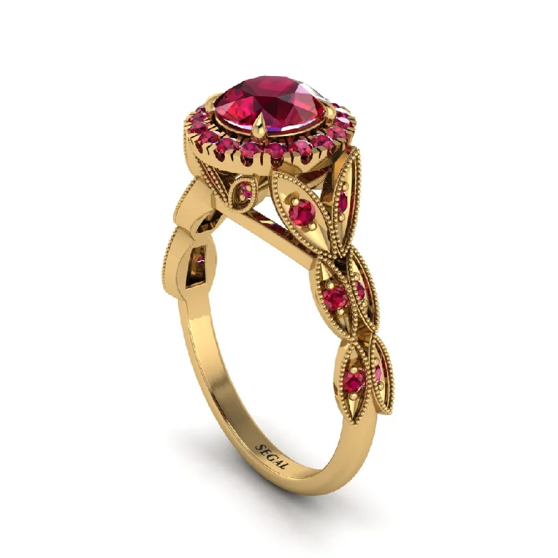 Vintage-inspired Gold Ring for Weddings-Ruby Halo Nature Inspired Leaf Engagement Ring - Alessandra No. 55