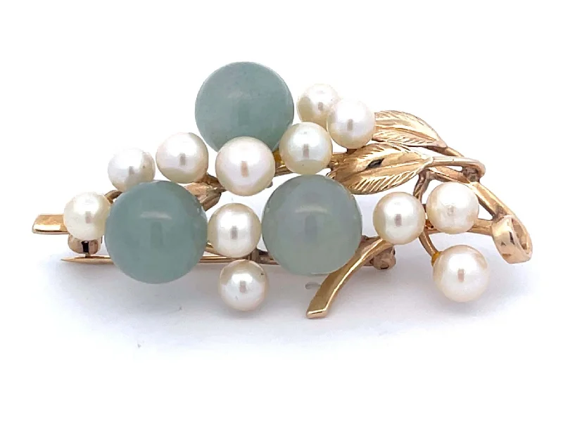 Simple Gold Brooch with Custom Engraving-Mings Round Jade Leaf and Pearl Brooch in 14k Yellow Gold