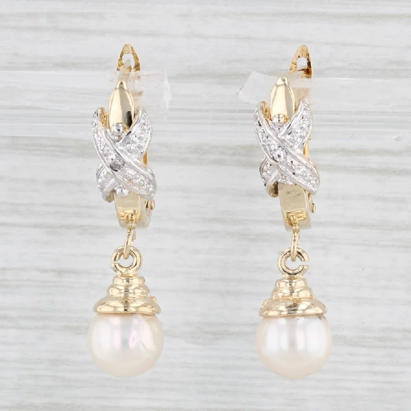 Natural Gemstone Earrings-Cultured Pearl Diamond Drop Earrings 14k Yellow Gold Snap Top