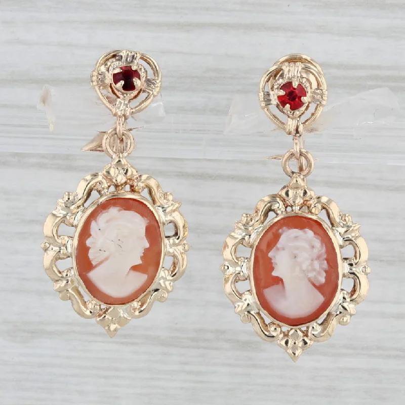 Glamorous Earrings for Weddings-Cameo Carved Shell Lab Created Ruby Dangle Earrings 10k Yellow Gold Screw Back