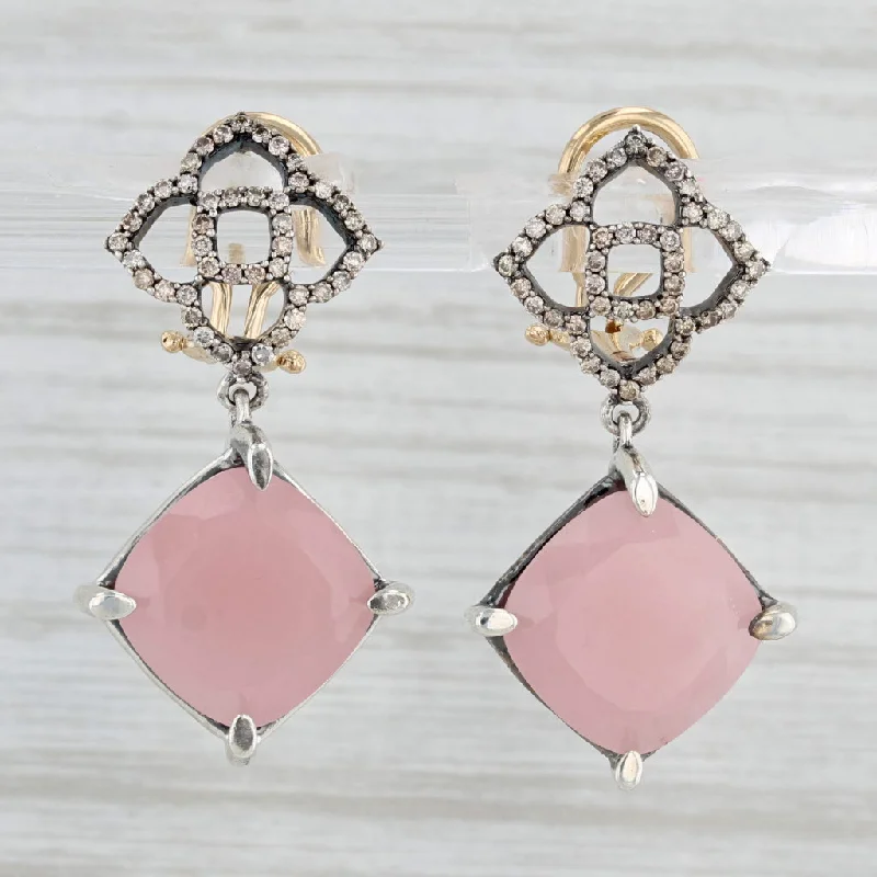 Vintage Dangle Earrings-Arya Esha Ginara Rose Quartz Diamond Earrings 18k Gold Sterling Silver