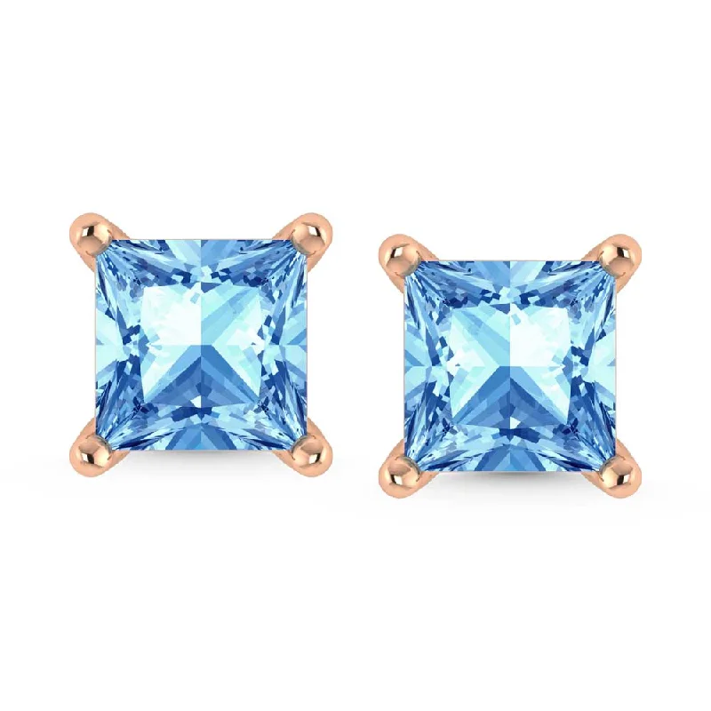 Evening Earrings for Glamour-14K Rose Gold Lab Grown Blue Diamond 1 Ct.Tw. Princess Stud Earrings