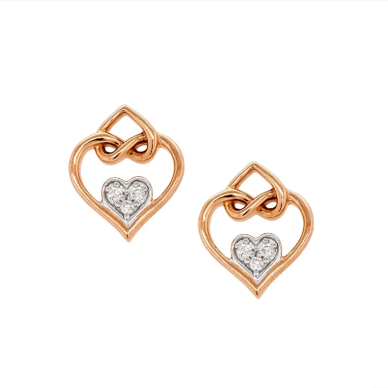 Polished Silver Earrings-ROSE GOLD INTERLOCKED HEART STUD EARRINGS WITH DIAMONDS, .05 CT TW