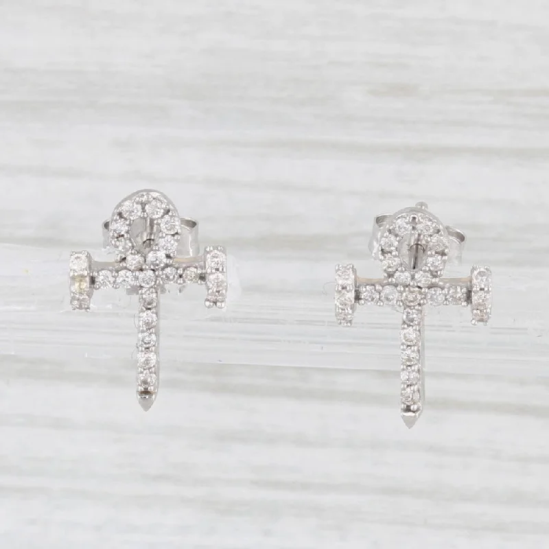 Vintage Pearl Earrings-0.22ctw Diamond Egyptian Ankh Cross Stud Earrings 10k White Gold