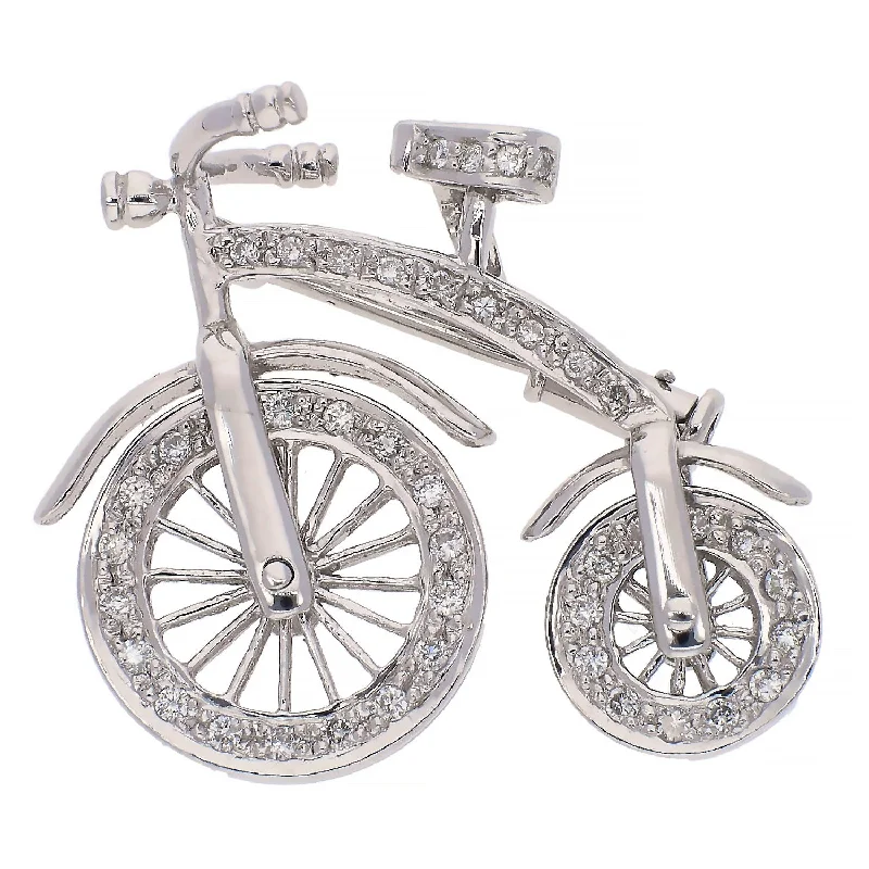 Trendy Silver Brooch with Pearl and Crystal Detailing-18K White Gold Diamond Bicycle Pin/Brooch