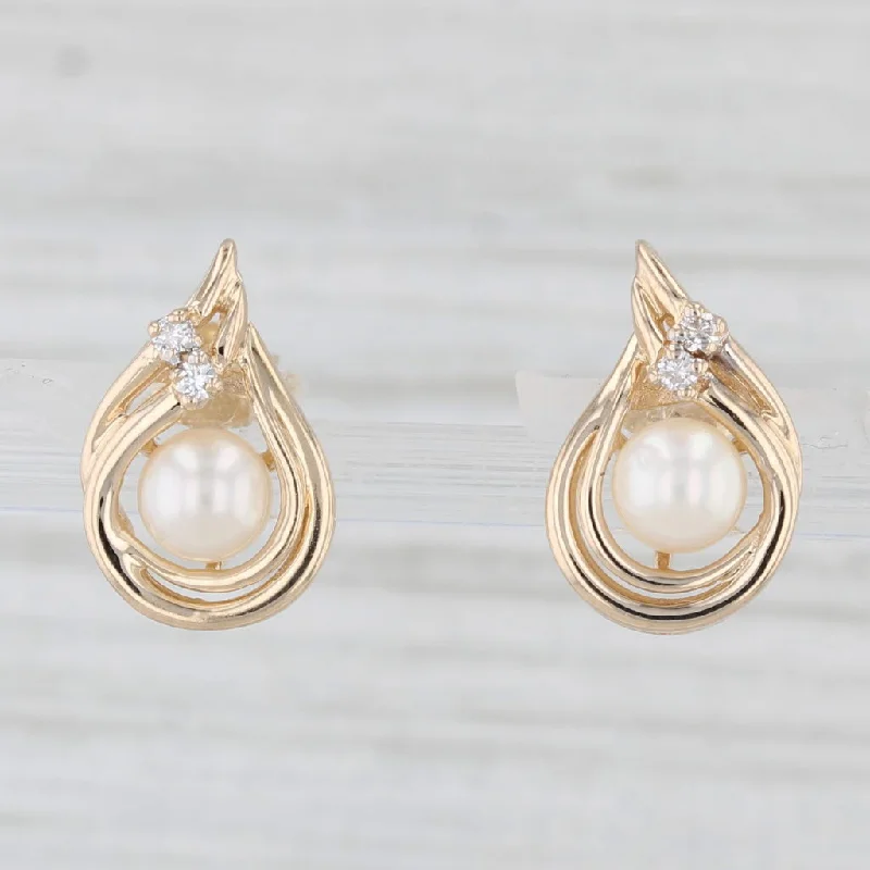 Glamorous Earrings for Weddings-Cultured Pearl Diamond Teardrop Earrings 14k Yellow Gold Studs