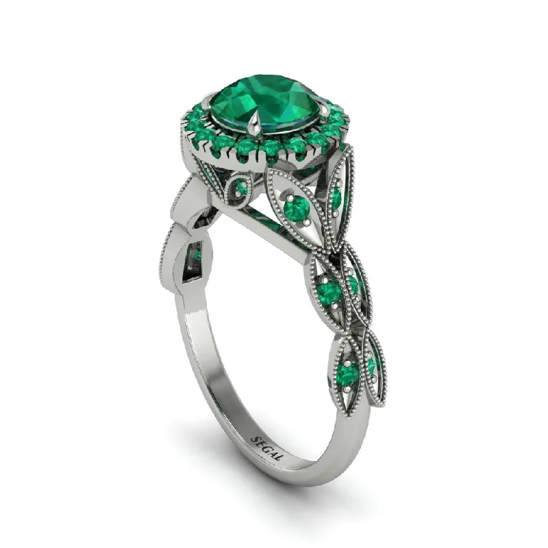 Trendy Stacking Rings for Women-Emerald Halo Nature Inspired Leaf Engagement Ring - Alessandra No. 21