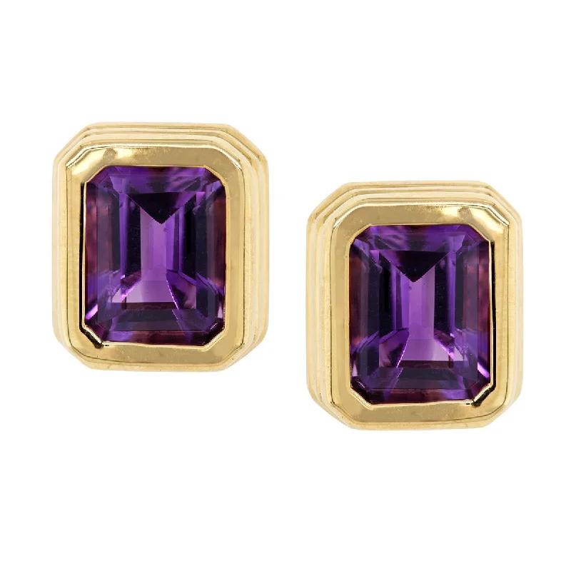 Unique Earrings for Brides-YELLOW GOLD STUD EARRINGS WITH EMERALD CUT AMETHYSTS