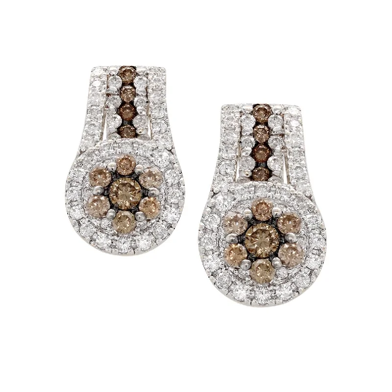 Chic Earrings for Women-WHITE GOLD PAVE EARRINGS WITH BROWN AND WHITE DIAMONDS, 1.00 CT TW