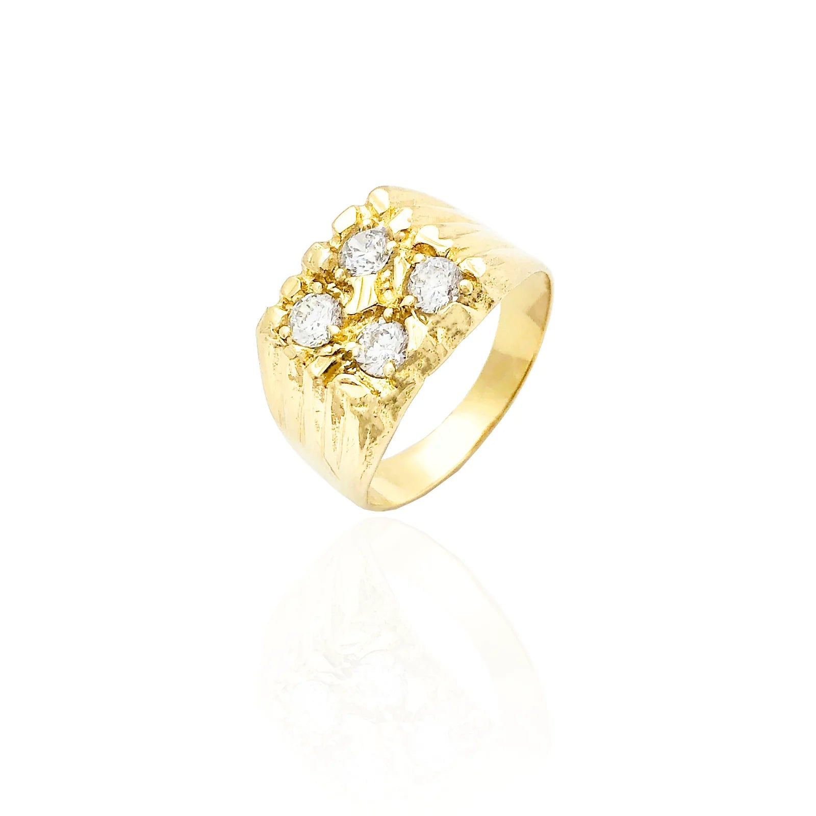 Personalized Gold Ring with Name-Nugget Four CZ Ring (14K)