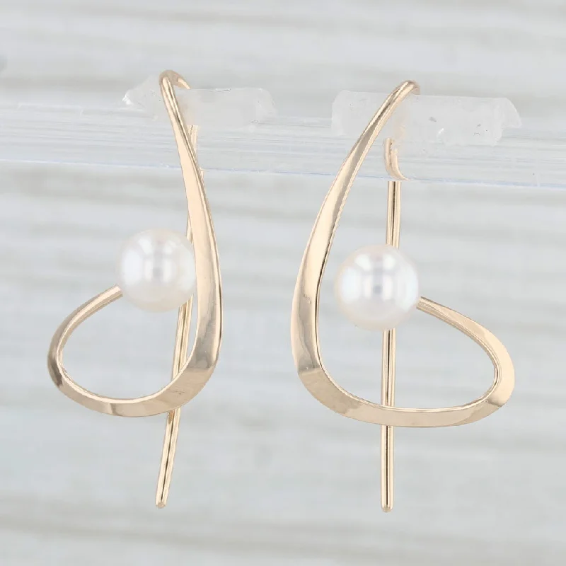 Artisanal Earrings-Abstract Cultured Pearl Drop Earrings 14k Yellow Gold Hook Posts Dangles