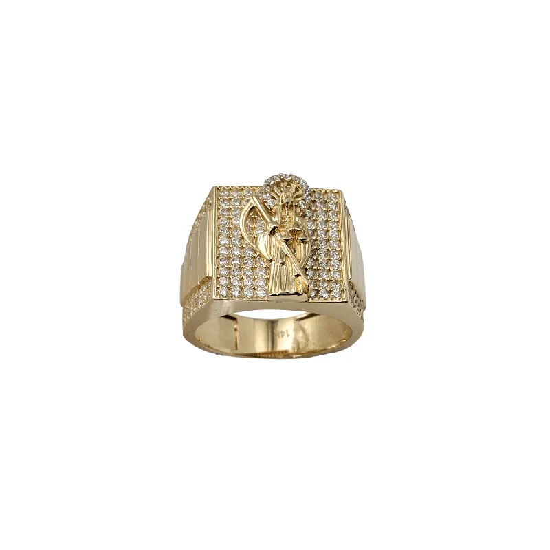 Classic Gold Ring with Minimalist Design-Iced-Out Accent Santa Muerte Square Ring (14K)