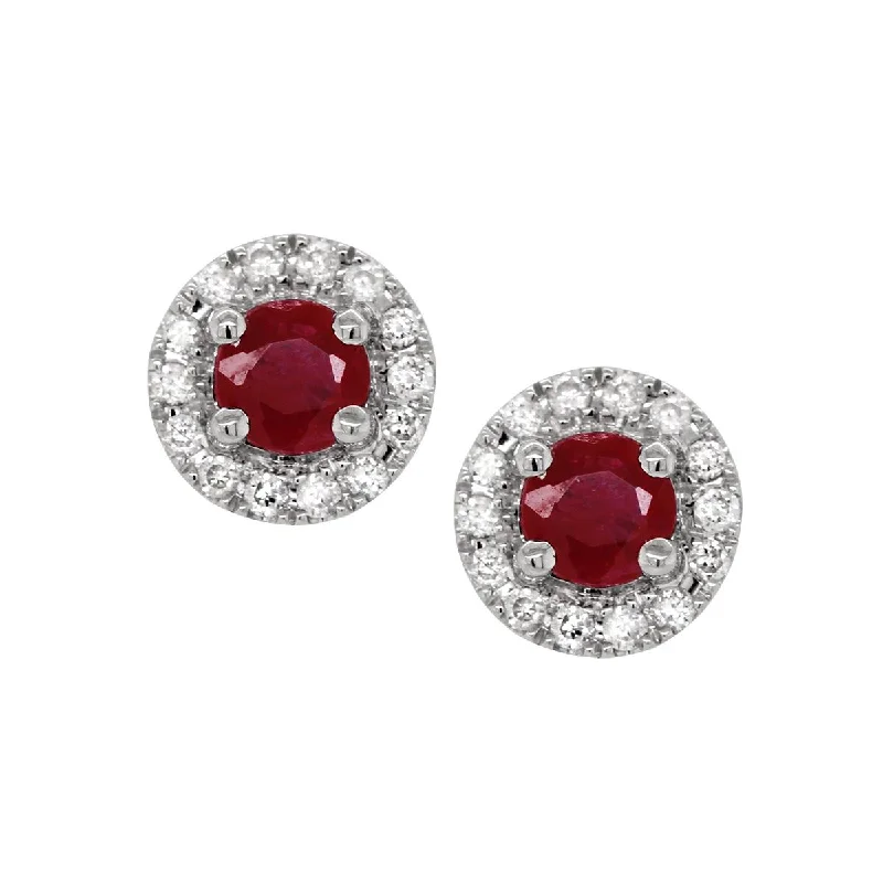 Elegant Silver Earrings-WHITE GOLD RUBY EARRINGS WITH DIAMOND HALOS, .10 CT TW