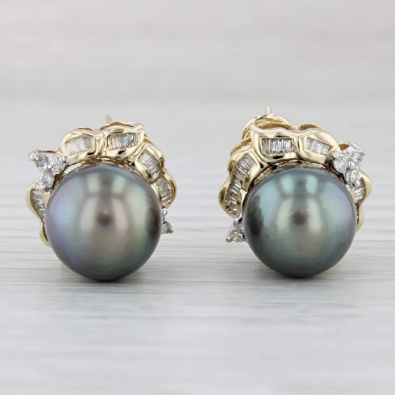 Minimalist Stud Earrings-Cultured Gray Pearl 1.18ctw Diamond Halo Earrings 14k Yellow Gold Omega Backs