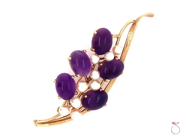 Vintage Flower Brooch with Gemstone Details-Ming's Hawaii Amethyst & Akoya Pearl 14k Yellow Gold Floral Brooch