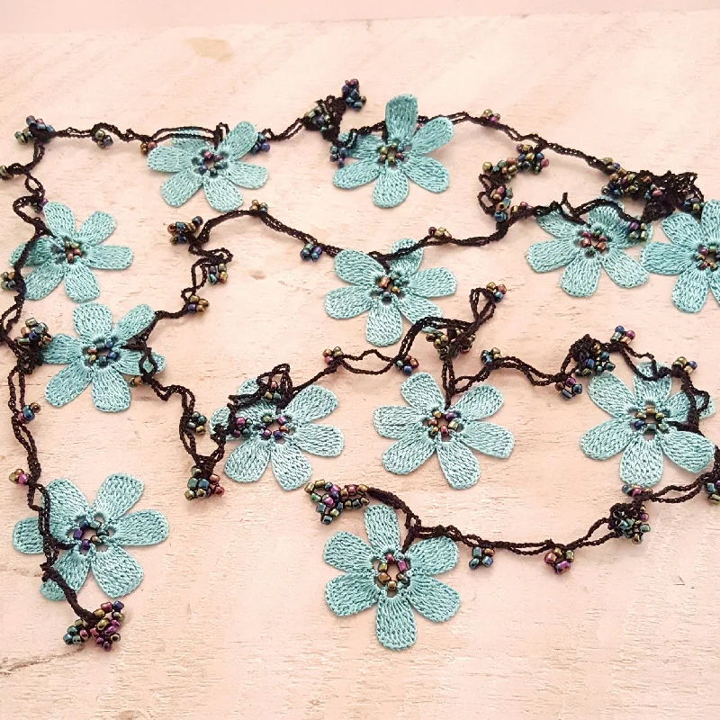 Classic Silver Necklace with Pendant-Turquoise & Black Crocheted Lariat Necklace