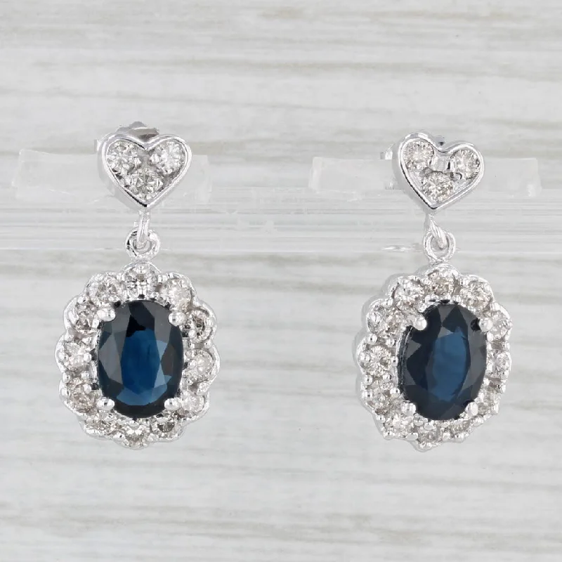 Enamel Earrings for Bright Look-2.63ctw Blue Sapphire Diamond Halo Heart Dangle Earrings 14k White Gold