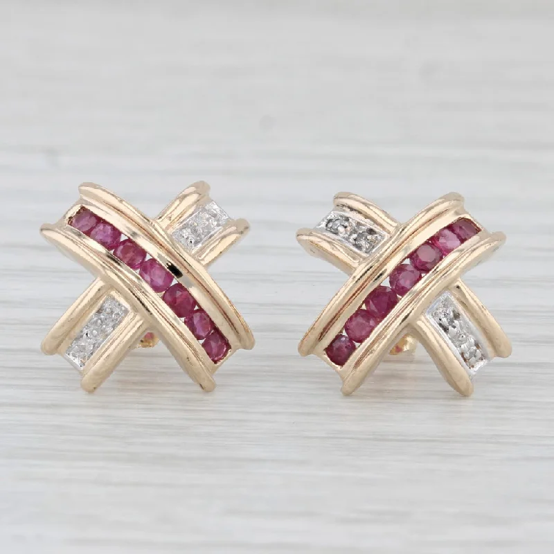 Fashion Earrings for Teenagers-0.72ctw Ruby Diamond X Stud Earrings 14k Yellow Gold