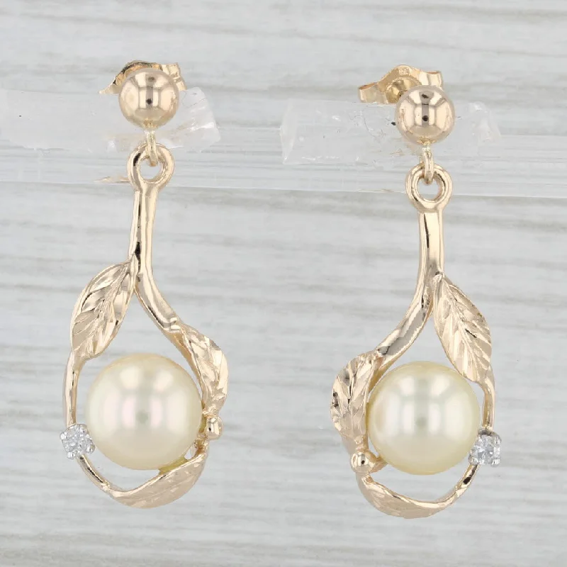 Trendy Earrings for Fashionistas-Cultured Pearl Diamond Dangle Earrings 14k Yellow Gold