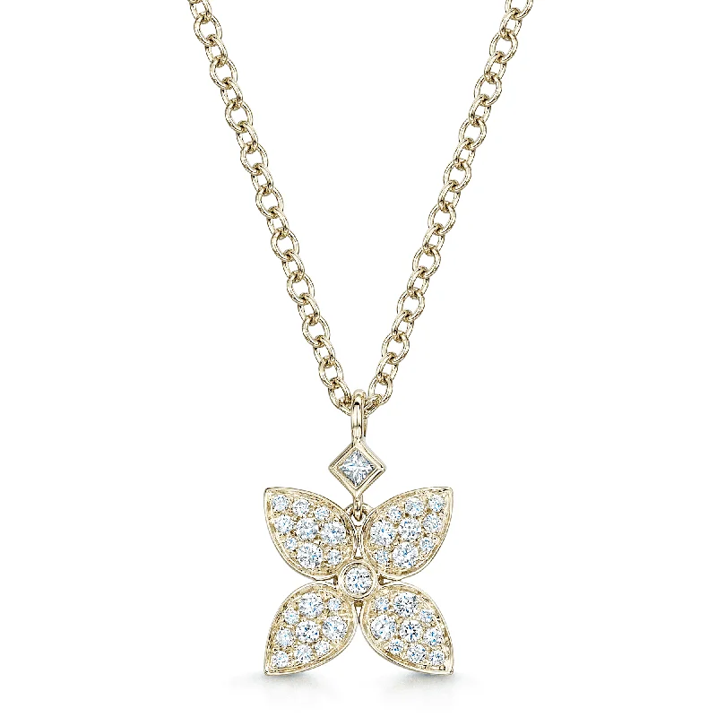 Gemstone Chain Necklace for Women-18ct Yellow Gold Flower Pendant With Diamond Pave Set Petals