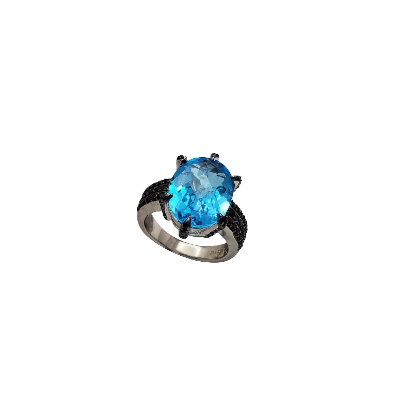 Luxury Emerald Ring for Formal Occasions-Blue Oval and Black Cz Cocktail Ring (Silver)