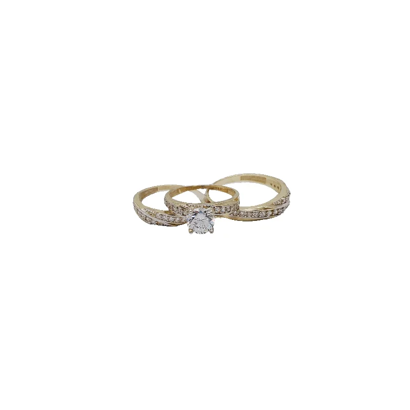 Unique Gemstone Ring for Fashionistas-Three-Rings Round Cut Ribbed Engagement Wedding Set (14K)