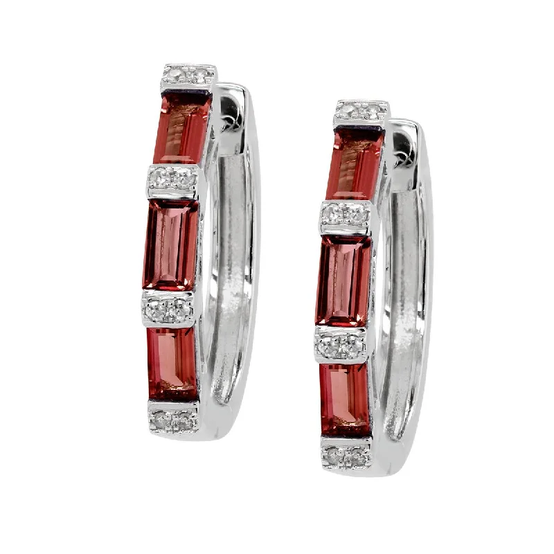 Large Statement Earrings-WHITE GOLD HOOP EARRINGS WITH GARNET AND DIAMONDS, .05 CT TW