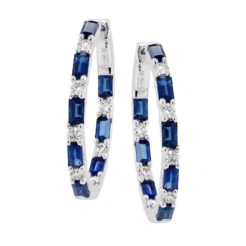 Enamel Earrings for Bright Look-WHITE GOLD HOOP EARRINGS WITH BAGUETTE SAPPHIRES AND ROUND DIAMONDS, .55 CT TW