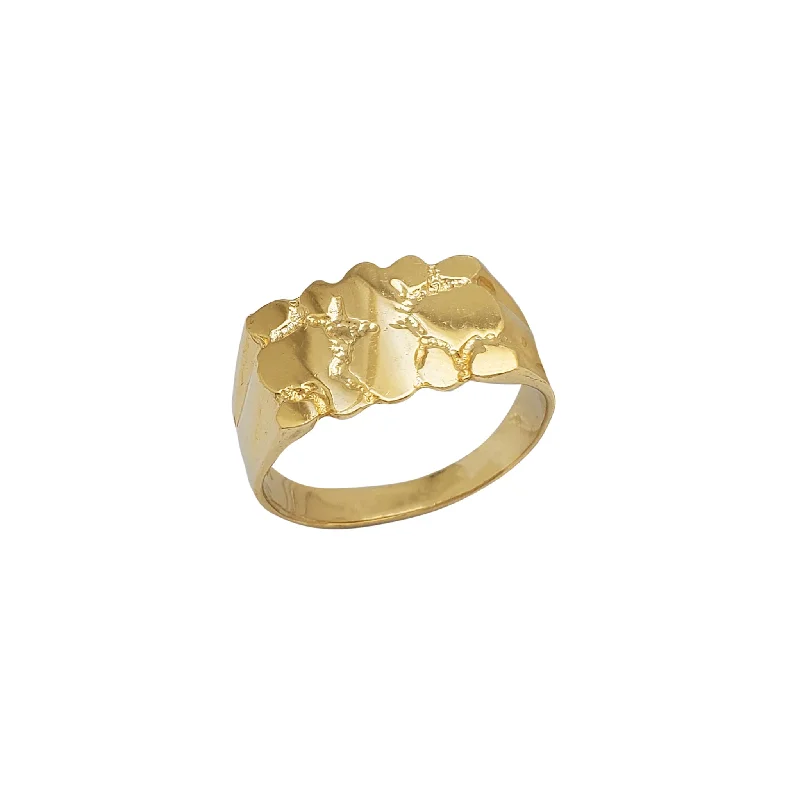 Luxury Gold Ring with Diamond Accents-Flat Borderless Textured Nugget Ring (14K)