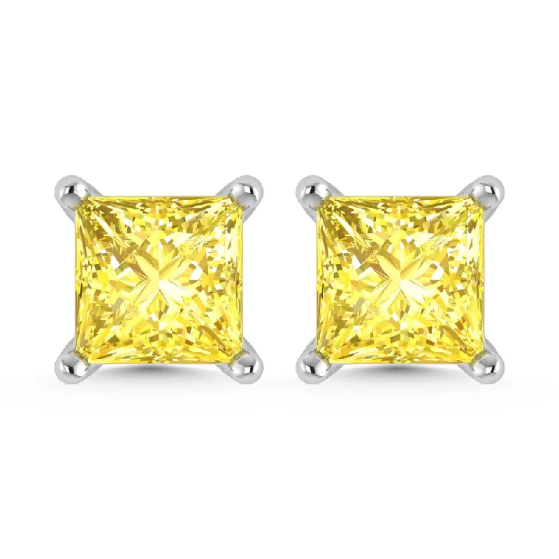 Ethnic Style Earrings-IGI Certified 14K White Gold Lab Grown Yellow Diamond 3 Ct.Tw. Princess Stud Earrings