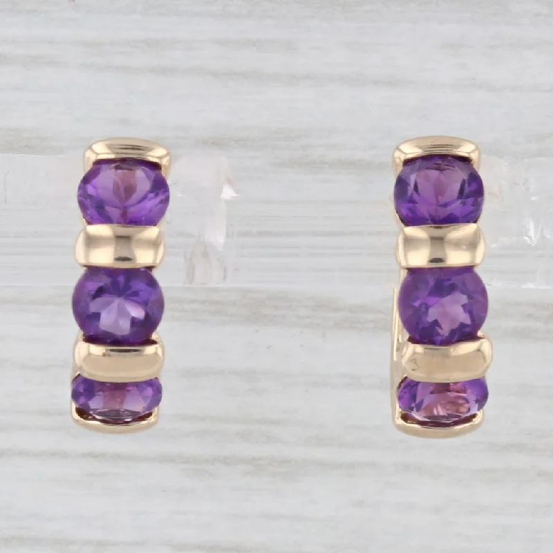 Celestial Earrings for Women-1.30ctw Amethyst Small Hoop Huggie Earrings 14k Yellow Gold Hinged Snap Top