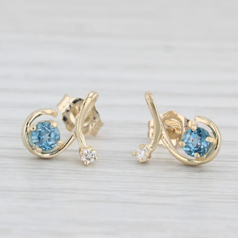 Funky Earrings for Teens-0.48ctw Blue Topaz Diamond Swirl Stud Earrings 14k Yellow Gold