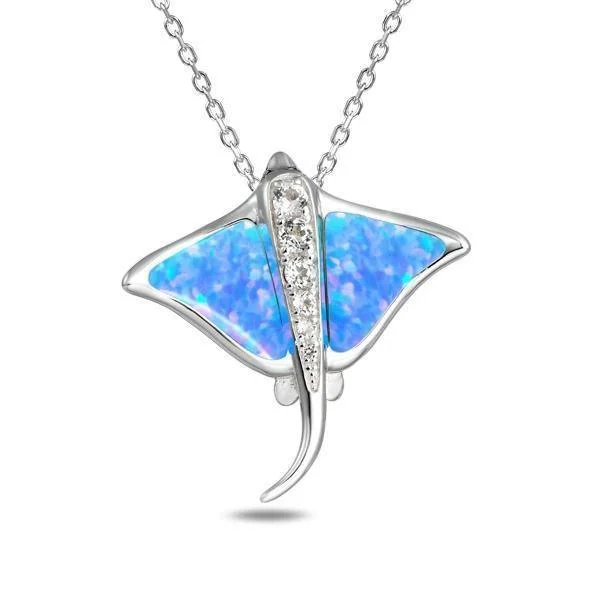 Sterling Silver Necklace with Birthstones-Sterling Silver Opal Eagle Ray Pendant Necklace by Alamea