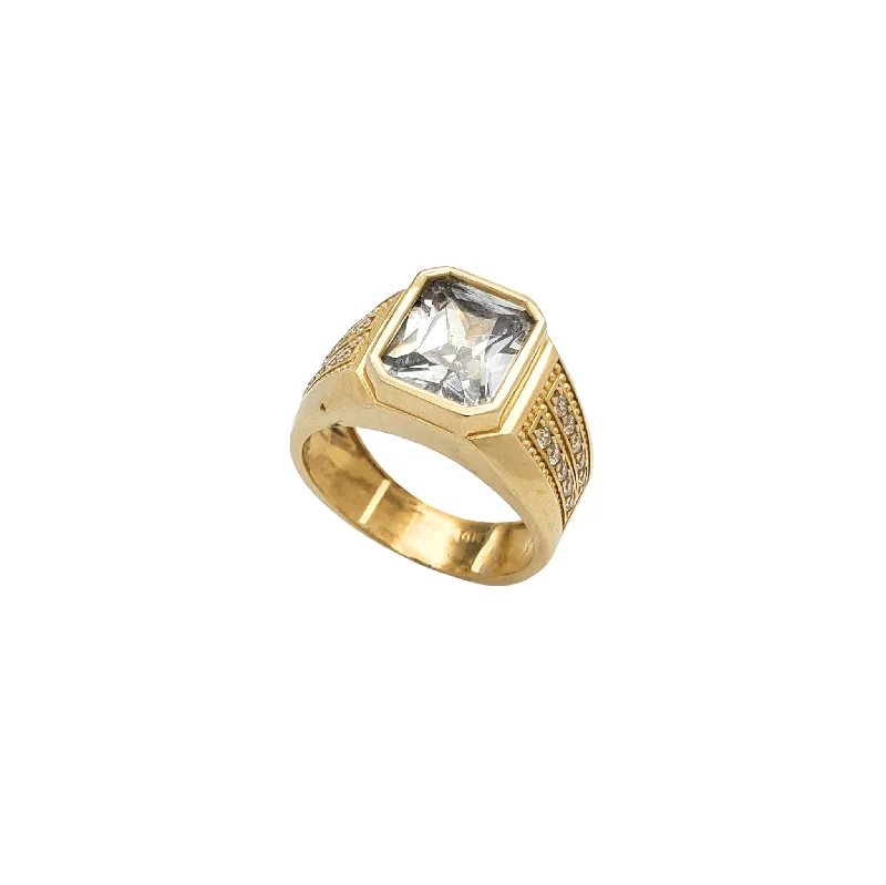 Personalized Family Ring with Stones-Zirconia Bezel Radiant Milgrain Men's Ring (14K)