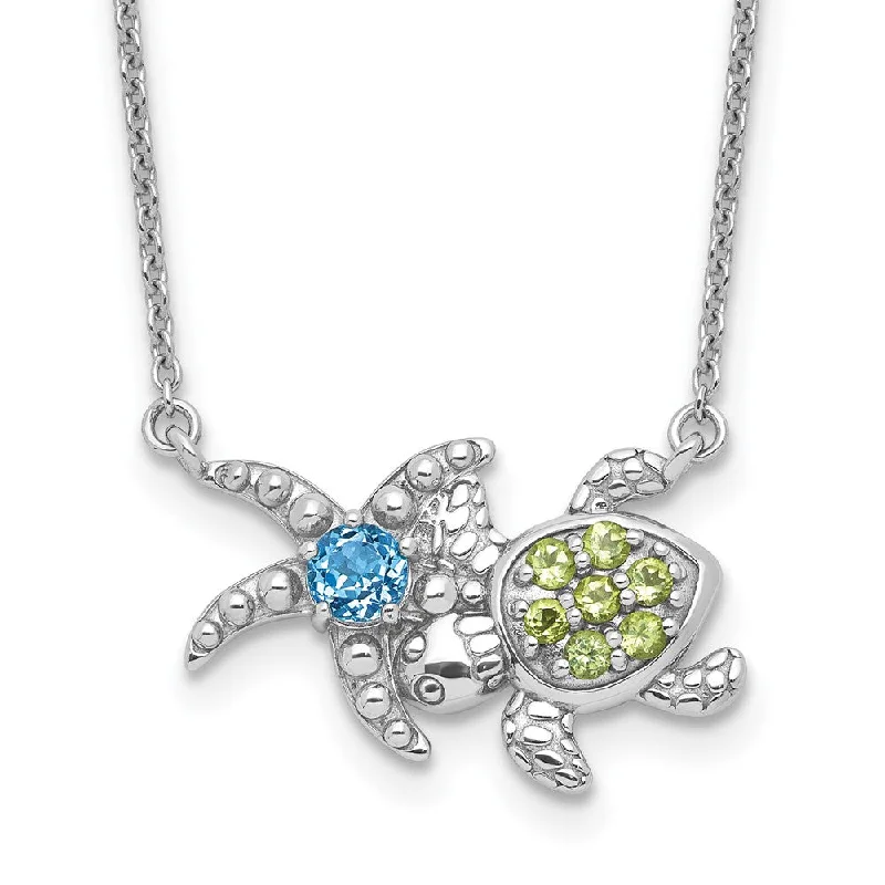 Gemstone Pendant Necklace for Casual Look-Sterling Silver Genuine Peridot and Light Swiss Blue Topaz Turtle Starfish Necklace