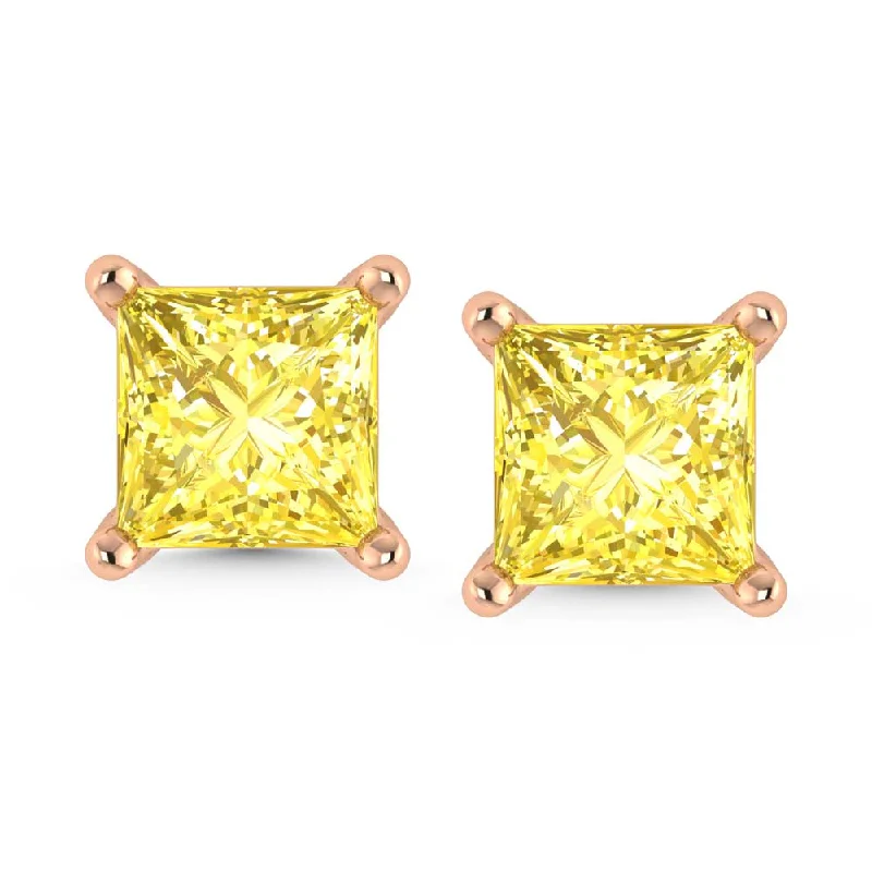 Green Emerald Earrings-IGI Certified 14K Rose Gold Lab Grown Yellow Diamond 2 Ct.Tw. Princess Stud Earrings