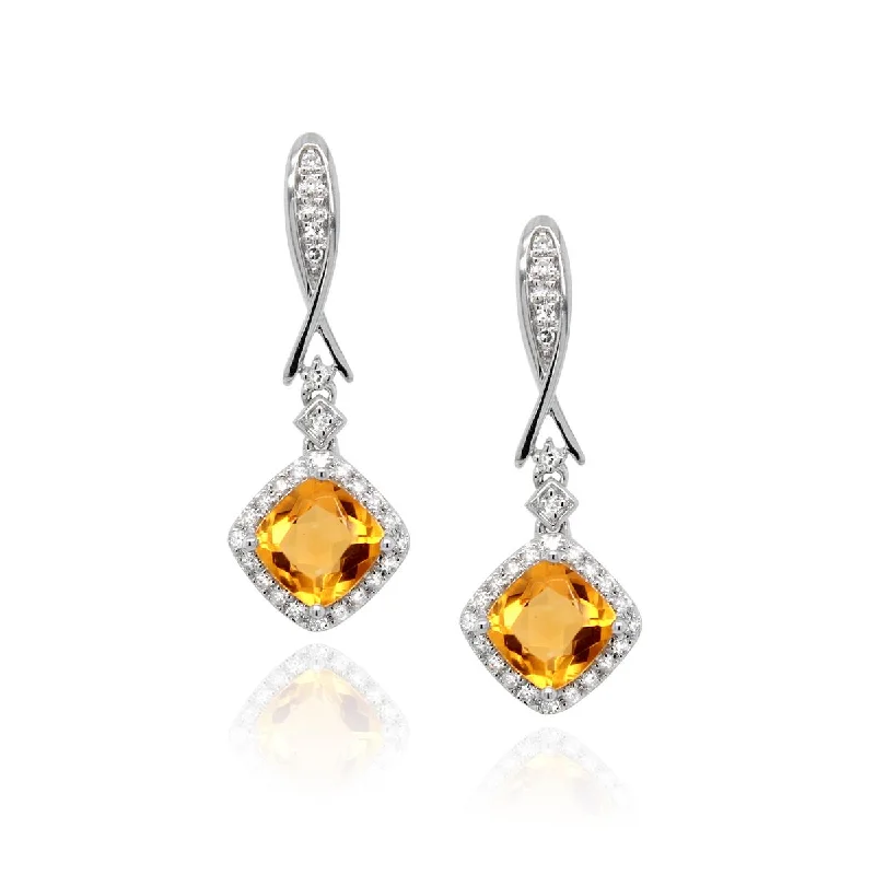 Polished Gold Earrings-WHITE GOLD DANGLE EARRINGS WITH CUSHION CITRINES AND DIAMOND HALOS, .15 CT TW