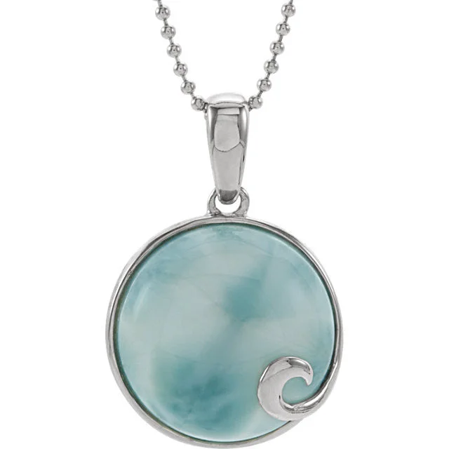 Personalized Family Tree Necklace-Sterling Silver Round Larimar Cabochon Wave 18" Necklace