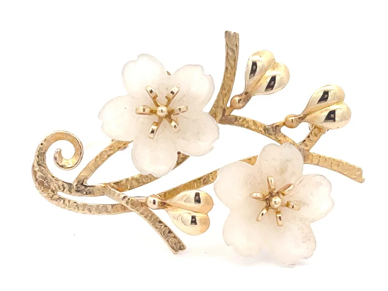 Trendy Brooch with Beads and Charms-Mings Carved White Jade Flower Brooch in 14k Yellow Gold