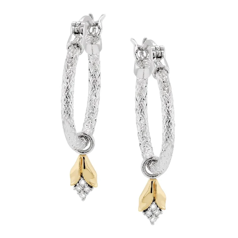 Sweetheart Earrings for Women-TEXTURED STERLING SILVER HOOP EARRINGS WITH GOLD DANGLE ACCENTS