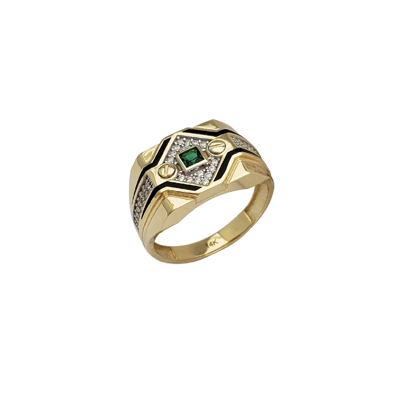 Trendy Ring Set with Multiple Stones-Enameled Green Zirconia Men's Ring (14K)