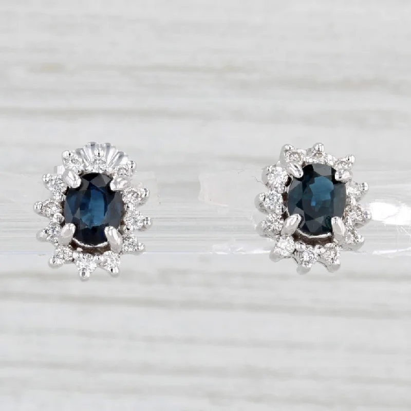 Artisanal Earrings-1.13ctw Oval Blue Sapphire Diamond Halo Stud Earrings 14k White Gold