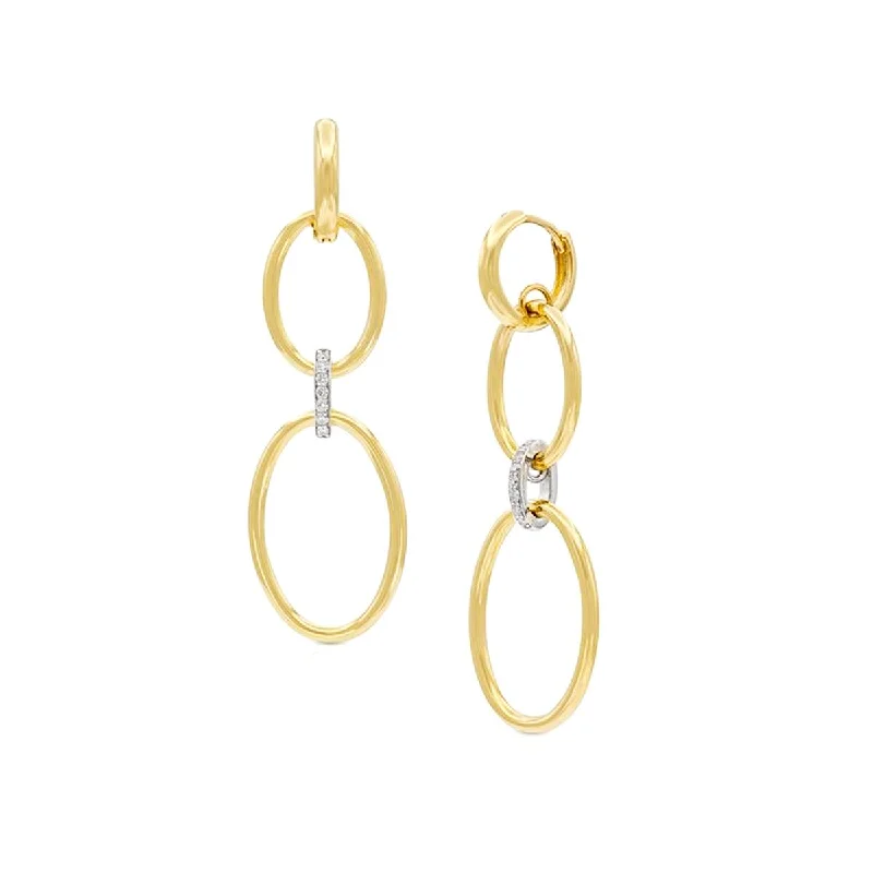 Long Silver Earrings-MODERN YELLOW GOLD HOOP DROP EARRINGS WITH DIAMONDS, .14 CT TW