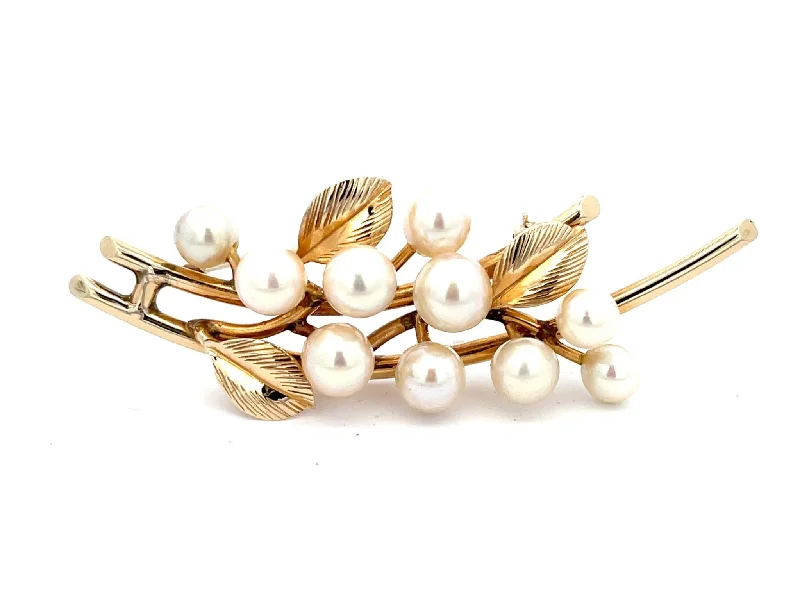 Simple Silver Brooch with Birthstone Accents-Mings Pearls and Leaves on a Branch Brooch in 14k Yellow Gold